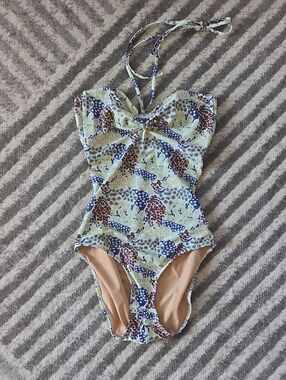 Floral Print Light Green One-Piece Swimsuit with Navy & Brown Accents